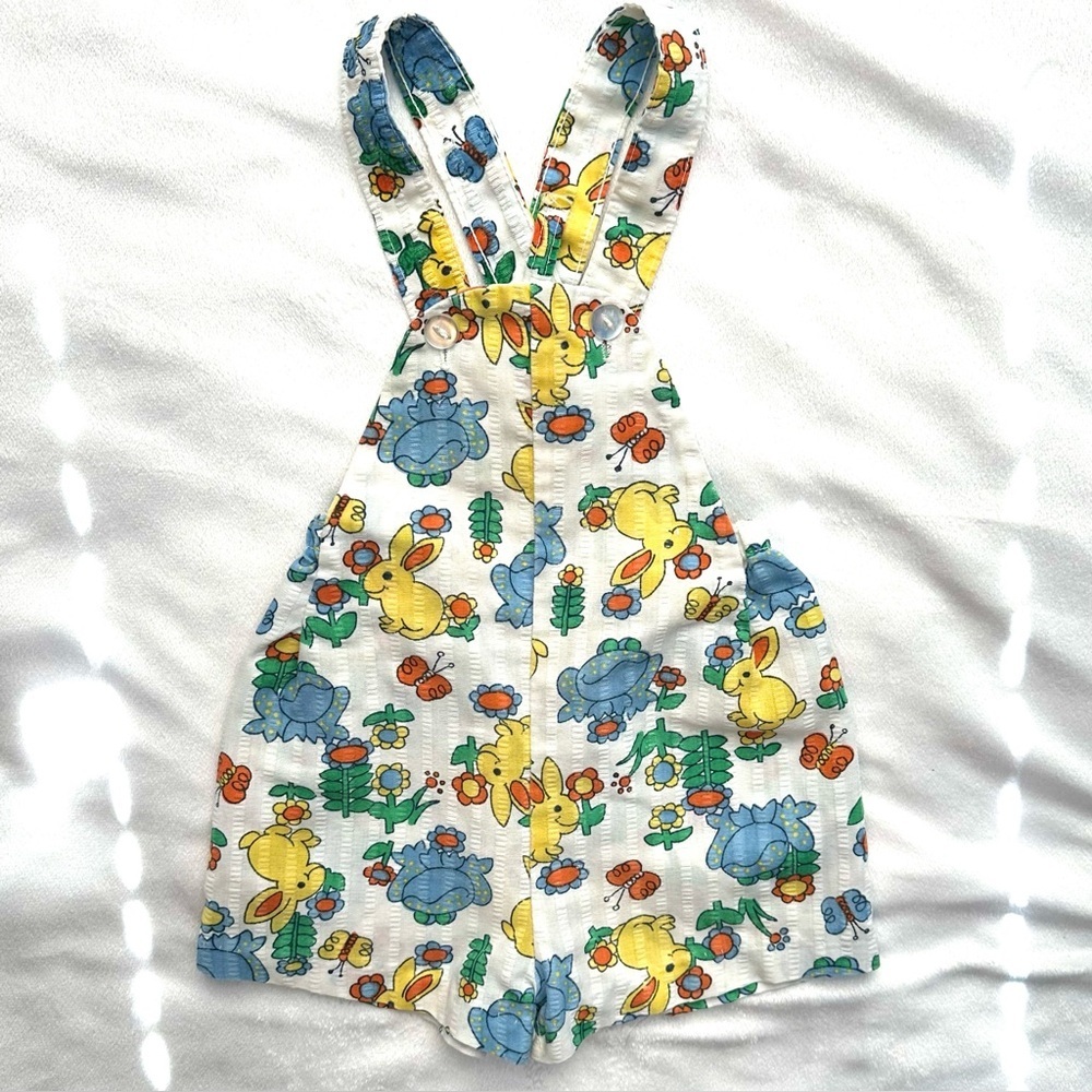 Vintage Buster Brown Bunnies Frogs Flowers Short Overalls 18M Baby Girl Made USA